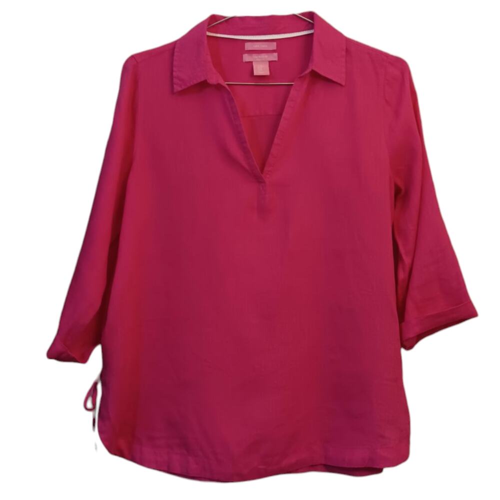 ISAAC‎ MIZRAHI 100% Linen Blouse Top Flowy M Bright Pink V-Neck Summer Vacation